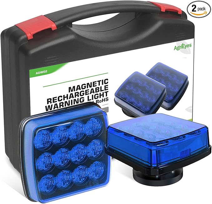 Agrieyes Blue Rechargeable Flashing Lights, Magnetic Strobe Light for Vehicles, Wireless Warning Hazard Beacon Lights for Trucks,
