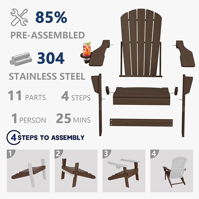 Folding Adirondack Chair, SGS Tested, Wooden Textured with Cup Holder, Heavy All-Weather HDPE Comfortable Set Poolside Backyard Lawn Coffee