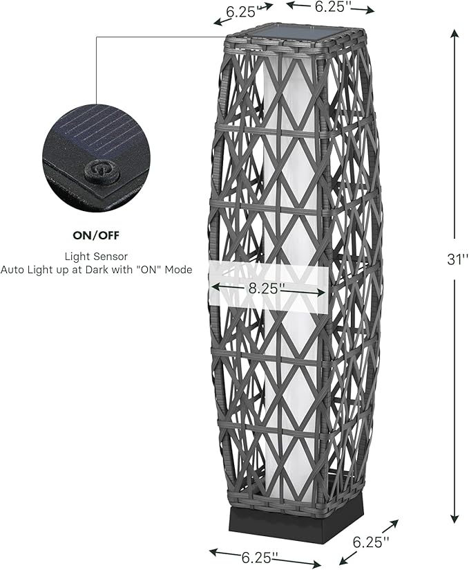 Grand patio Outdoor Solar Powered Wicker Floor Lamp Outdoor Weather-Resistant Deck Light for Garden Porch - Silver Gray, Large Cindy