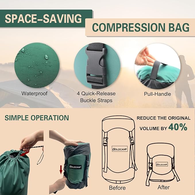 GoldCamp Compression Sack, 40% More Storage! 18L/30L/43L/49L/65L Compression Stuff Sack, Waterproof & Ultralight Sleeping Bag Stuff Sack - Space Saving Gear for Camping, Hiking (Green, XXXL)