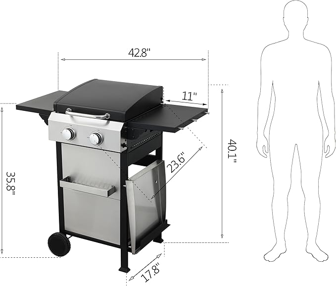 2-Burner Propane Gas BBQ Grill, SS Plancha, 24600BTU Output With Wire Enamel Cooking Grids For Outdoor Barbecue, Stainless Steel Foldable Side Table, Hanging Basket,Black Silver