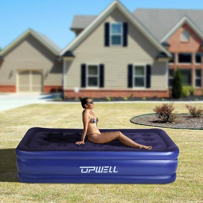 UPWELL Inflatable Air Mattress Twin with Built in Pump Comfort Blow up Bed Waterproof Fast&Easy Set up Dura Beam Strong Support Mattress for Home Guests & Camping Navy Blue