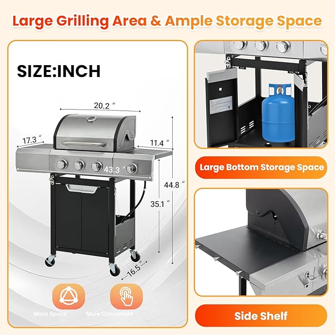 3-Burner Propane Gas BBQ Grill with Side Burner, Porcelain-Enameled Cast Iron Grates and Grills Cover, 40,500 BTU Stainless Steel Grill for Outdoor Camping Barbecue Grilling Backyard Cooking