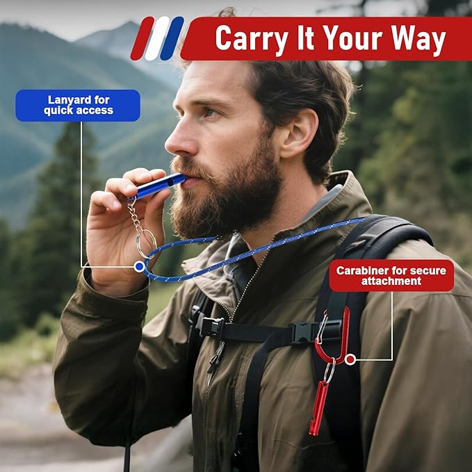 Emergency Whistle Set – 6 Aluminum Whistles, 3 Paracord Lanyards, 3 Carabiners for Camping, Hiking, Fishing, Hunting & Survival. Loud Safety Rescue Signaling for Marine Boat Lifeguard