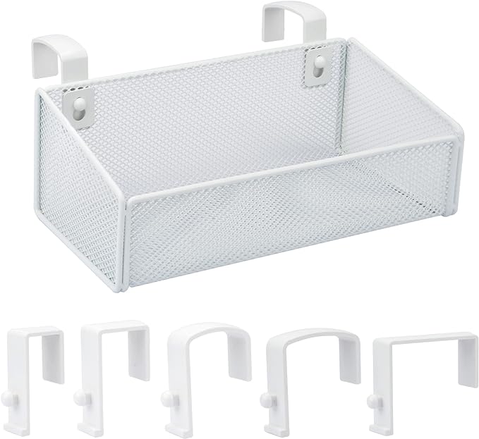 Bedside Caddy Hanging Storage Basket Beside Shelf Metal Organizer for Collage Dorm Bunk Bed,Hospital Bed,Baby Bed - Bedroom Essentials for Magazine,Remote Control,Phone,Drinks (White)