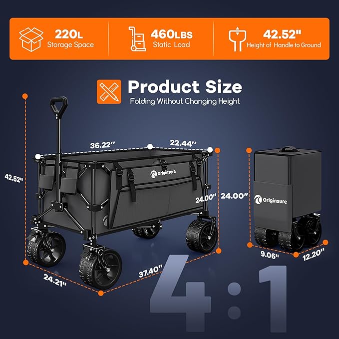 220L Collapsible Wagon Cart Foldable, 460LB Load Capacity Heavy Duty Folding Beach Wagons with Big All-Terrain Wheels, Utility Carts for Groceries, Shopping, Camping, Sports - Grey