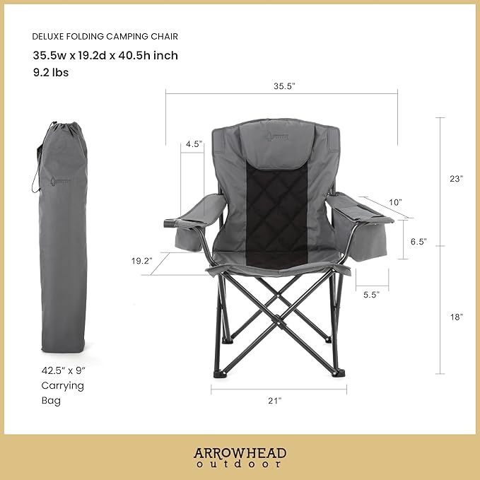ARROWHEAD OUTDOOR 2-Pack Portable Folding Camping Quad Chair w/ 6-Can Cooler, Cup & Wine Glass Holders, Heavy-Duty Carrying Bag, Padded Armrests, Headrest & Seat, Supports up to 550lbs