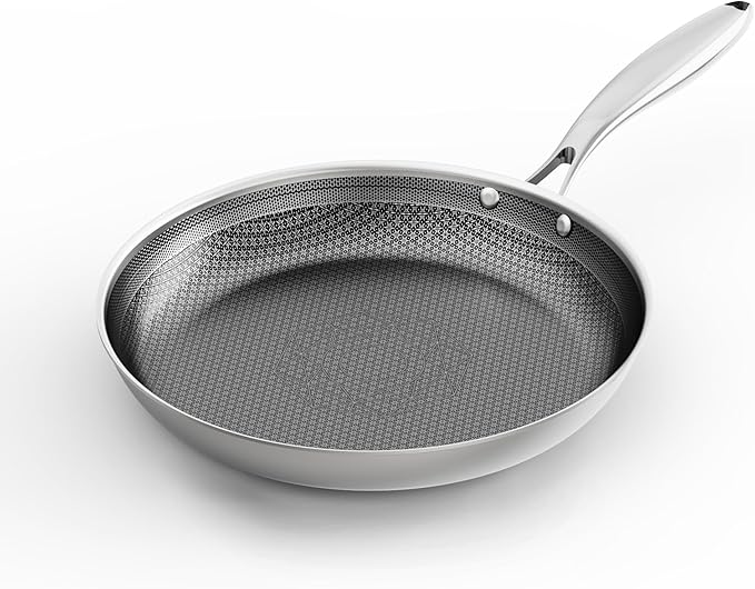 COOKING KING 12-Inch Stainless Steel Pan, Hybrid Nonstick Frying Pan, Skillet, 3-Ply Clad Cookware, Even Heat Distribution, Dishwasher & Oven Safe, with Stay-Cool Handle, Induction Compatible