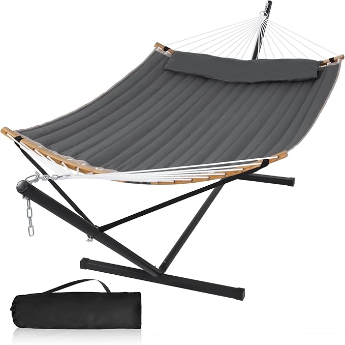 55in Hammock with Stand, Heavy Duty Hammock with Stand Included, Two Person Hammock with Curved Spreader Bar, Pillow and Portable Bag, 450 Lbs Capacity, Dark Gray