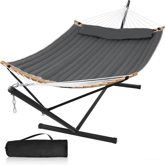 55in Hammock with Stand, Heavy Duty Hammock with Stand Included, Two Person Hammock with Curved Spreader Bar, Pillow and Portable Bag, 450 Lbs Capacity, Dark Gray