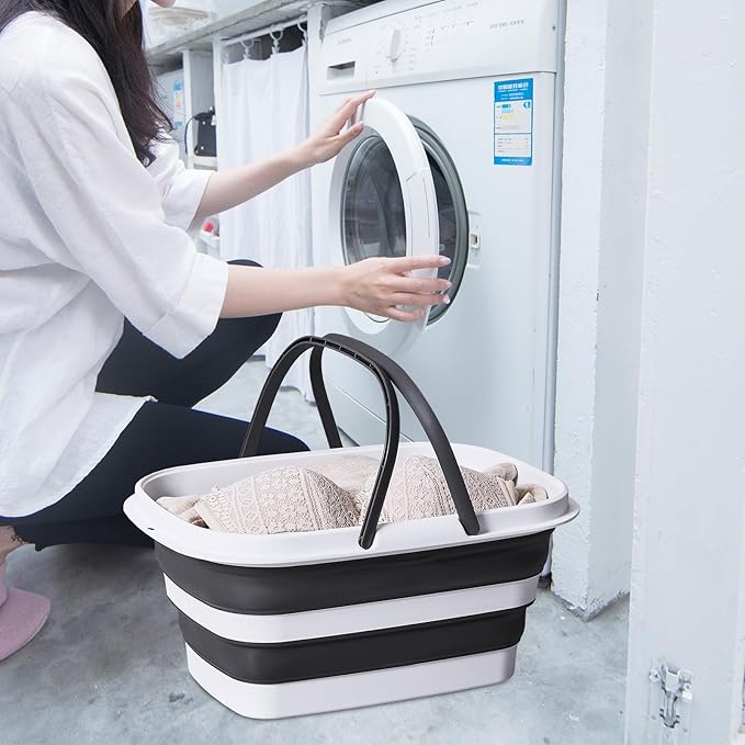 2.1 Gal(8 L) Small Collapsible Mop Bucket with Handle – Durable Plastic Square Silicone Cleaning Bucket for Mopping, Car & Window Washing – Space-Saving Storage Organizer – Pair of Silicone Gloves