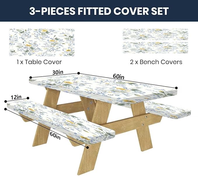 CAPSCEOLL Elastic Picnic Table Cover with Bench Covers 5Ft Waterproof Fitted Picnic Table Cover Cloths for Outdoors Camping Tablecloth with Drawstring Bag, 60X30in, Blue Yellow Flowers
