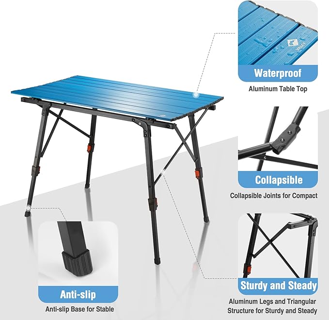 VILLEY Portable Camping Table with Adjustable Legs, Lightweight Aluminum Folding Beach Table with Carrying Bag for Outdoor Cooking, Picnic, Beach, Backyards, BBQ and Party