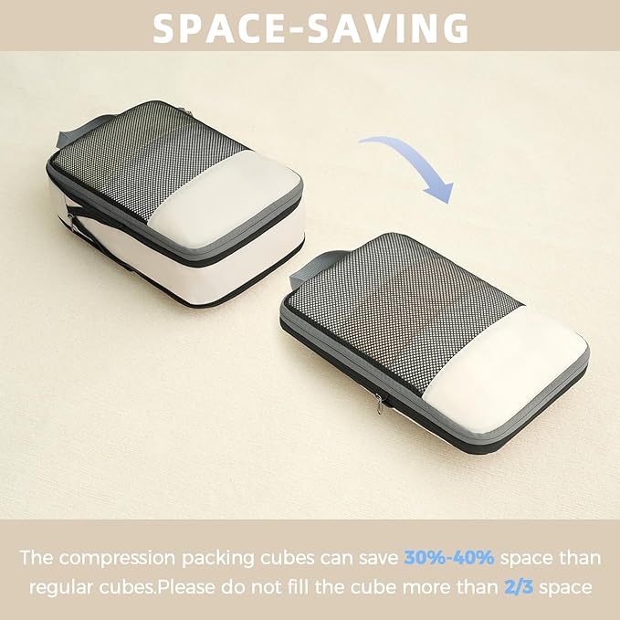 BAGAIL 4 Set/6 Set/8 Set Compression Packing Cubes Travel Accessories Expandable Packing Organizers (Half Mesh, 6-Beige)