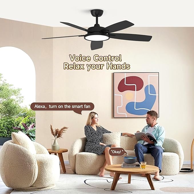 Roomratv 52 Inch Smart Ceiling Fan with Light,App Control,Ultra Silent Reversible DC Motor Fan Remote Control Compatible with Alexa Google home（black）