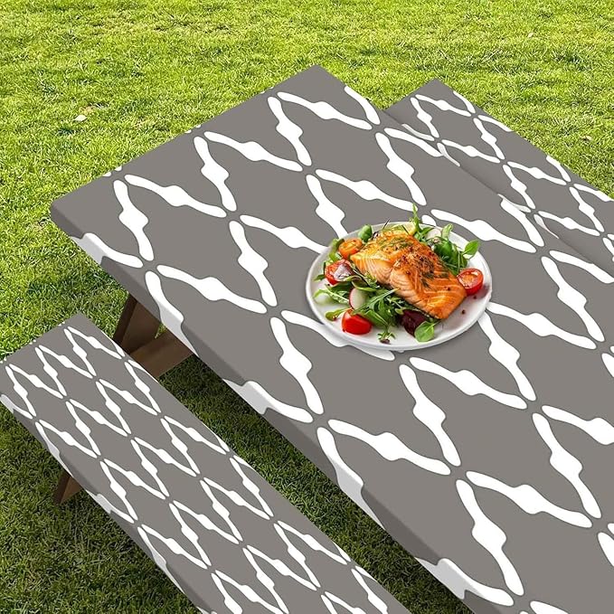 CAPSCEOLL Fitted Picnic Table Cover with Bench Covers with Elastic 8Ft Waterproof Picnic Table Cloths Windproof Outdoor Camping Tablecloth with Drawstring Bag, 96X30in, White Grey