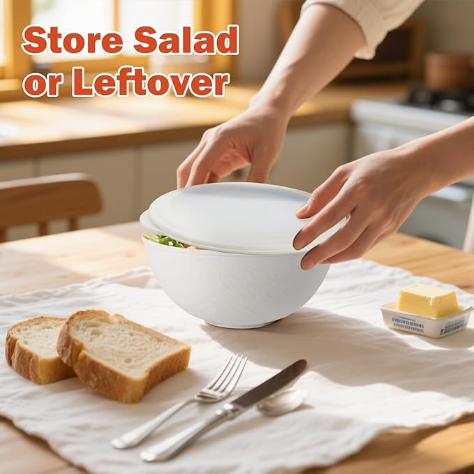 alternative plastic bowl set with lids,unbreakable wheat straw bowls 40oz suitable for indoors and outdoors,overnight foods container with cover. White