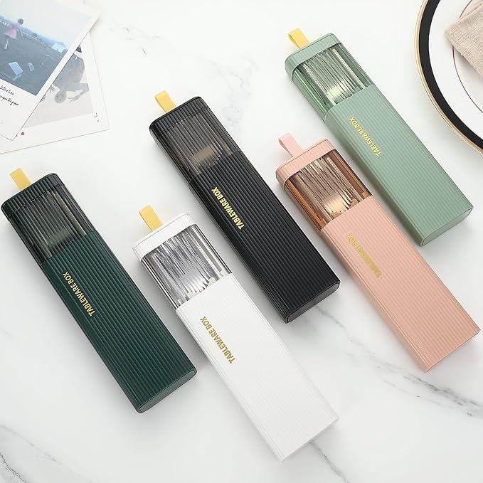 DEVICO Travel Utensils with Case, Stainless Steel Reusable Camping Silverware Set for Lunch Box, Portable Cutlery Kit Includes Fork, Spoon, Chopsticks (White)