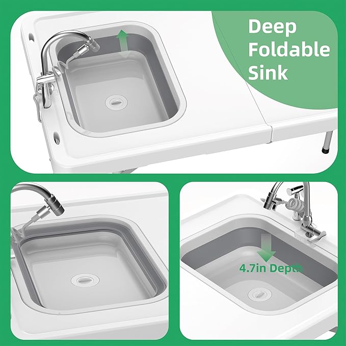 Allpop 50'' Folding Fish Cleaning Table with Foldable Sink, Fold-in-Half Portable Camping Fish Station with Foldable Faucet, Drainage Hose, Sprayer, Storage Box, Grooves & Carry Bag for Picnic, White