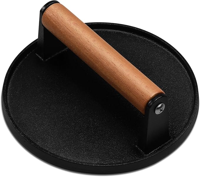 EWFEN Cast Iron Smash Bacon Press Meat Steak with Wood Handle, Burger Press(Round with Flat Bottom)