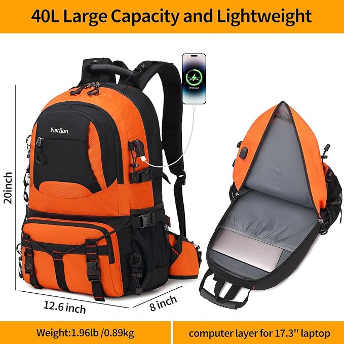 Nerlion 40L Hiking Backpack Travel Backpack for Men Women Camping Waterproof Outdoor Hiking Daypack Lightweight Backpack (Orange)