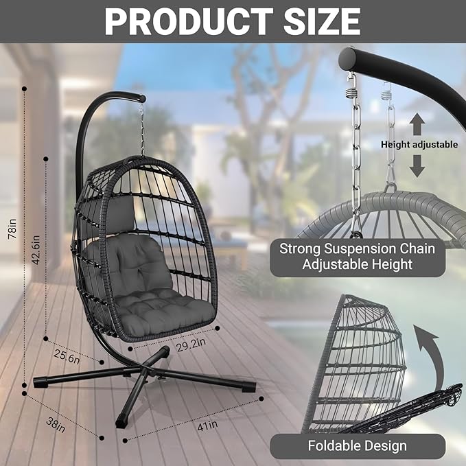 Egg Chair with Stand,Patio Rattan Wicker Hanging Swing Egg Chair Hammock Chair for Bedroom Porch Garden,Thickened Aluminum Alloy Steel Frame and UV Resistant Cushion,350LBS Capacity