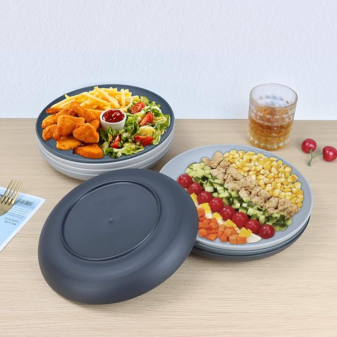 Homienly Deep Dinner Set of 8 - Alternative for Plastic, Microwave and Dishwasher Safe Wheat Straw Plates for Kitchen, Unbreakable Kids With 4 Colors (Stone Grey, 9 Inch)