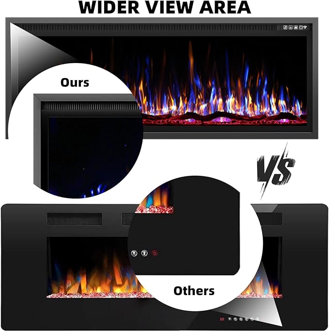 BREEZEHEAT 50 Inch Electric Fireplace-Recessed & Wall Mounted Linear Fireplace-750/1500W Heater w/Temperature Control, Log & Crystal Options, Adjustable Flame, Remote Control