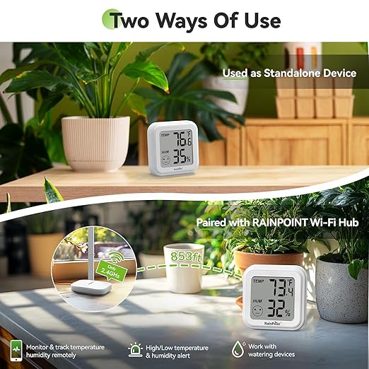 RAINPOINT 3.5'' Large Screen Smart WiFi Thermometer APP Remote Monitoring Data Logging, Easy-to-Read Display Thermo-Hygrometer Chart Customizable Alert Notification Indoor Greenhouse Hub Not Included