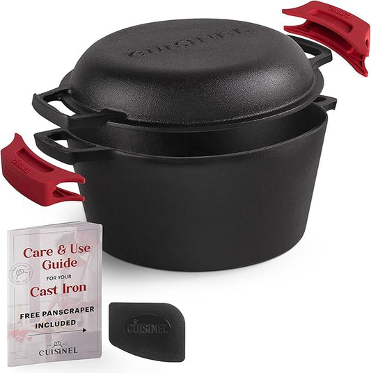 Cuisinel Cast Iron Dutch Oven - 5-Quart Deep Pot - Preseasoned 2-in-1 Multi-Cooker - Combo Lid Doubles as 10"-inch Skillet Frying Pan + Silicone Handle Covers + Scraper - Indoor/Outdoor Bread Cookware