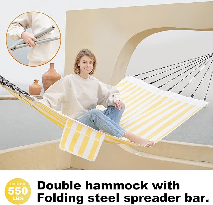 14ft Two Person Outdoor Hammock, Portable Camping with Folding Steel Spreader Bar, Carrying Bag, Carabiners, Tree Straps, Pillow & Sidebag, Quick Dry Textilene, 550 lbs Capacity (Lemon)