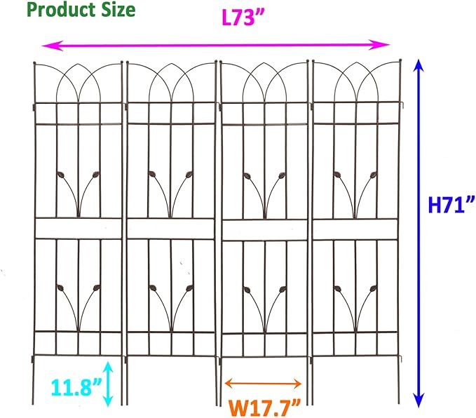 4 Pack Metal Garden Trellis 71" Black Fence Rustproof Garden Trellis for Climbing Plants Support Roses Flower Outdoor Lawn, Brown