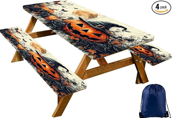 CAPSCEOLL Elastic Picnic Table Cover with Bench Covers 5Ft Waterproof Fitted Picnic Table Cover Cloths for Outdoors Camping Tablecloth with Drawstring Bag, 60X30in, Halloween Pumpkins