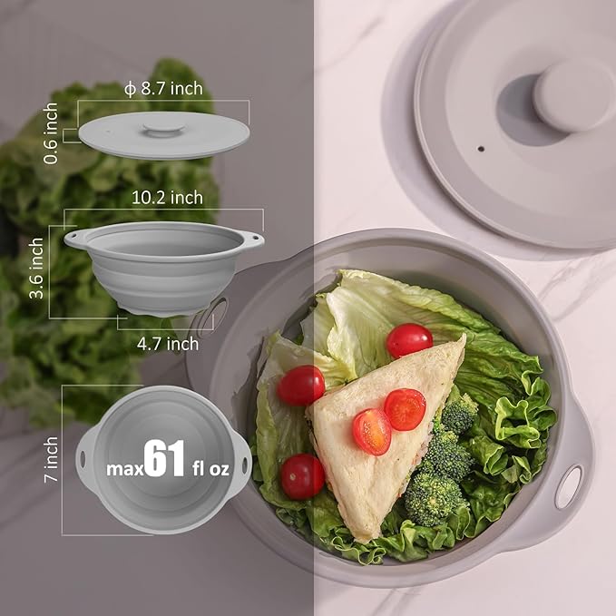 Collapsible Bowl Set 64 oz Collapsible Salad Bowl Collapsible Bowl with Lid Silicone Foldable Bowl Camping Bowl Set (Grey), Large, Gray