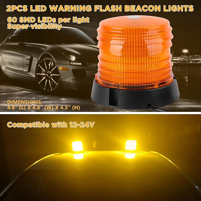 ASPL 2pcs LED Warning Flash Beacon Lights, 60 LED Amber Warning Safety Flashing Strobe Lights with Magnetic and 16 ft Straight Cord for Vehicle Truck Tractor Golf Carts UTV Car Bus,12V-24V