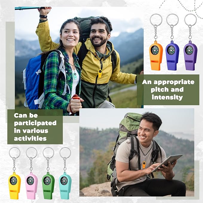 50 Pcs 2 in 1 Compass Whistles with Keychains, Emergency Survival Whistle Bulk, Easy to Carry Loud Safety for Outdoor Hiking Hunting Camping Boating Fishing(10 Colors)