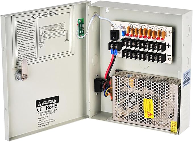 9 Channel Port 12V DC 10 Amp Amper with PTC Fuse Distributed Power Supply Box for CCTV DVR Security System and Camera or cameras