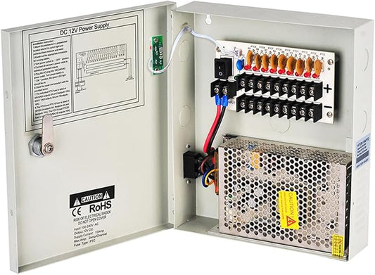 9 Channel Port 12V DC 10 Amp Amper with PTC Fuse Distributed Power Supply Box for CCTV DVR Security System and Camera or cameras