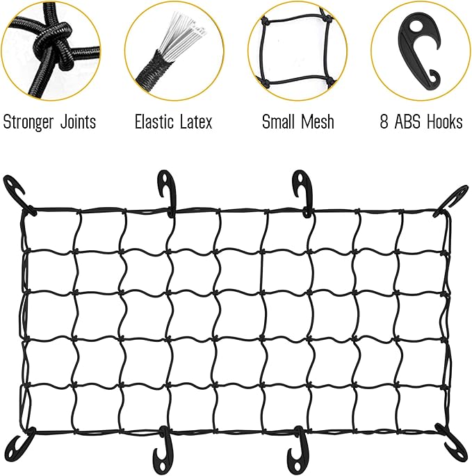 ARKSEN 17" x 33" Heavy Duty Tangle-Free Nylon Cargo Net (3.9" x 3.9" Mesh) Universal Bungee Stretches for Pickup, Truck, Bed, SUV, Roof Rack & Travel Luggage Rack