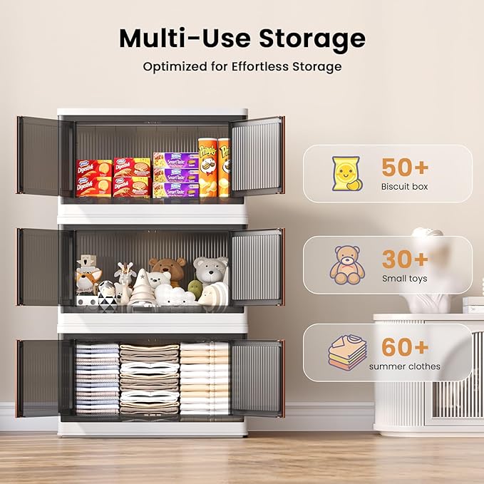 19Gal Collapsible Storage Bins with Lids & Wheels - 1 Pack Stackable with Doors, Heavy-Duty Plastic Containers for Home/Office, White