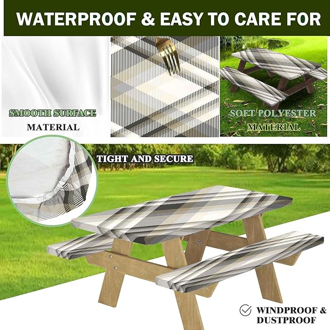 CAPSCEOLL Elastic Picnic Table Cover with Bench Covers 5Ft Waterproof Fitted Picnic Table Cover Cloths for Outdoors Camping Tablecloth with Drawstring Bag, 60X30in, Grey White