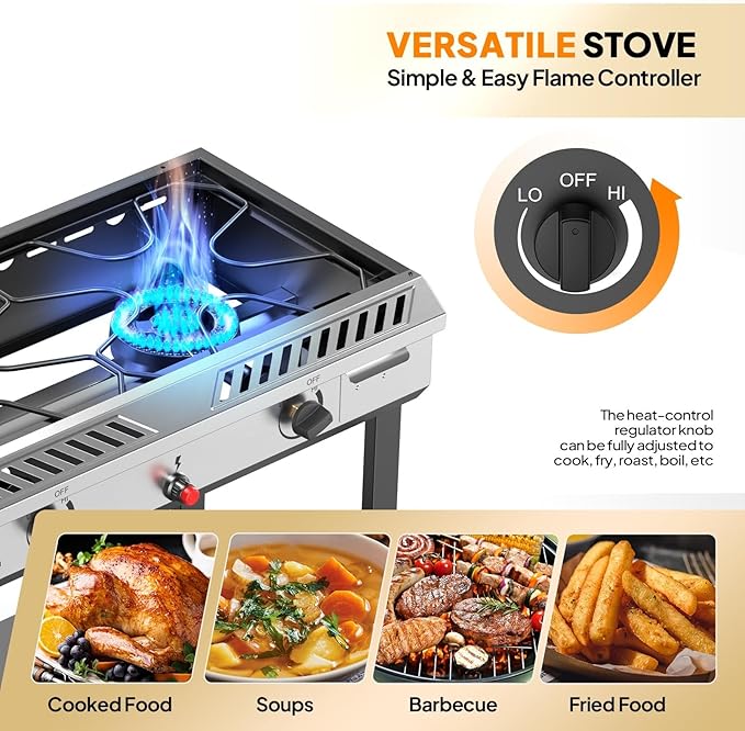 Bonnlo 2 Burner Propane Gas Stove with Auto Ignition, 150,000 BTU Portable Outdoor Camp Cooker Stove with Convenient Shelf & Smooth Rolling Wheels for Backyard, Camping, Tailgating, Patio Parties