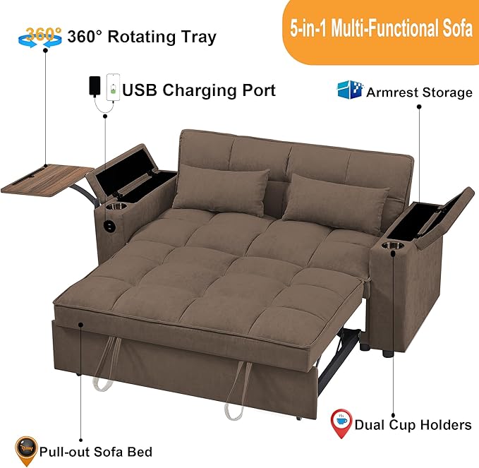 65'' 3-in-1 Folding Convertible Sofa Bed, Pullout Sofa, Modern Chenille Fabric, 360° Swivel Side Table, Easy Assembly, Perfect for Living Room(ZY-1107A-Brown)