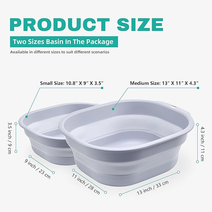 2 Pack Collapsible Wash Basin Set, Foldable Dish Tub, Small Medium Portable Sink for Kitchen, Camping, RV, Baby Bottles, Laundry, Plastic Washbasin -Gray