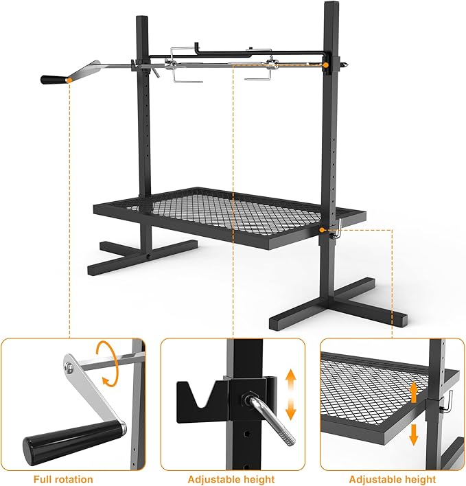 onlyfire Adjustable Grill Rotisserie System and Spit, Over Fire Camp Grill with Cooking Grate for Outdoor Open Flame Cooking
