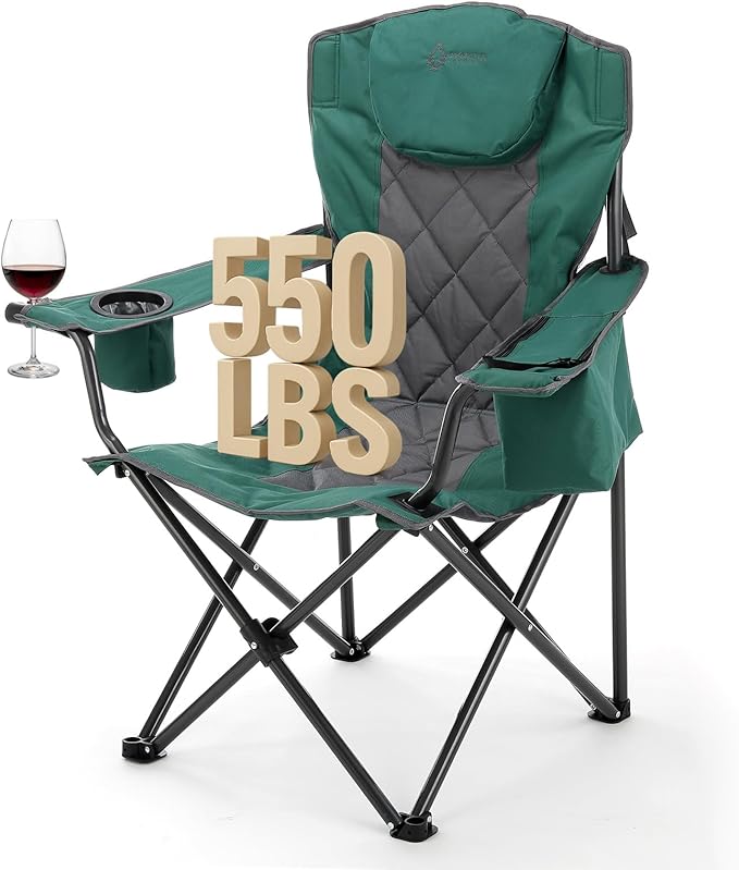 ARROWHEAD OUTDOOR Portable Folding Camping Quad Chair w/ 6-Can Cooler, Cup & Wine Glass Holders, Heavy-Duty Carrying Bag, Padded Armrests, Headrest & Seat, Supports up to 550lbs, USA-Based Support