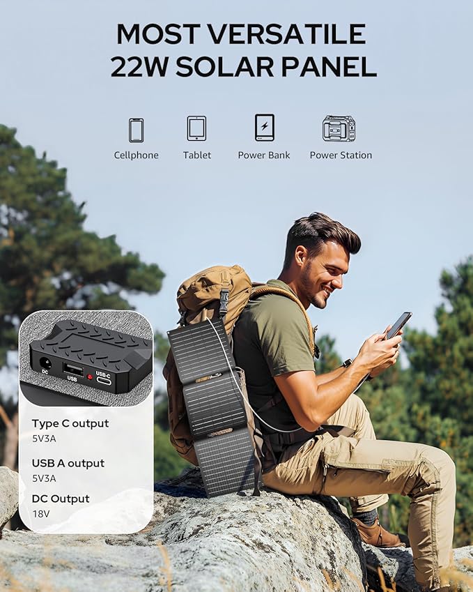 Apowking Portable Solar Panels 22W, Foldable Solar Panel Charger for Power Station, Cellphone, Laptop, Solar Panels with USB A, Type C and DC 18V Output for Camping RV Trip