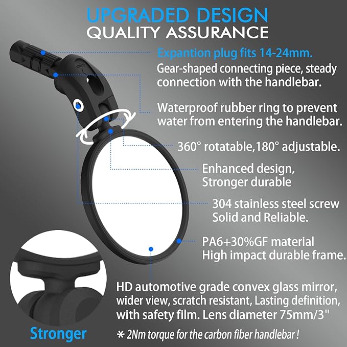 Bike Mirrors,Bike Bar End Mirror, HD Glass Convex Lens Bicycle Rearview Mirror, Safe Cycling Rearview Mirror, Easy to Install