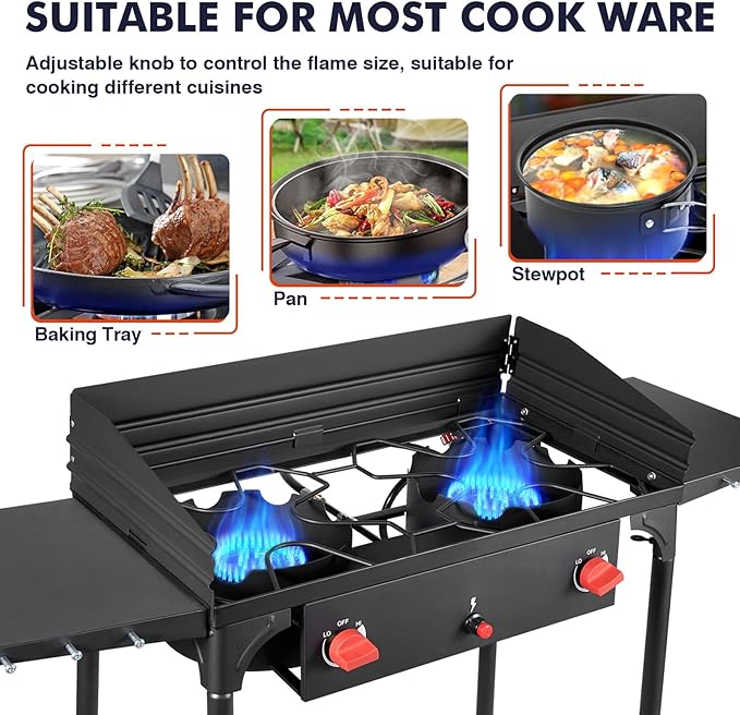Llamaviva 2 Burner Gas Stove Propane Outdoor Stove with Wind panel,Side Shelves,Auto Ignition Button,Removable Legs &Regulator Hose&Carrying Bag 150000 BTU Propane Burners for Outdoor BBQ -gloves
