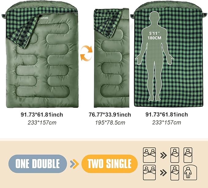 Double Sleeping Bag Flannel for Adults with 2 Pillows 2 Person Sleeping Bags Camping XXL Queen Size Two Person Sleeping Bag for Cold Weather